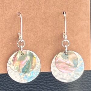 Round Layered Abalone Disc Drop Dangle Silvertone Earrings
